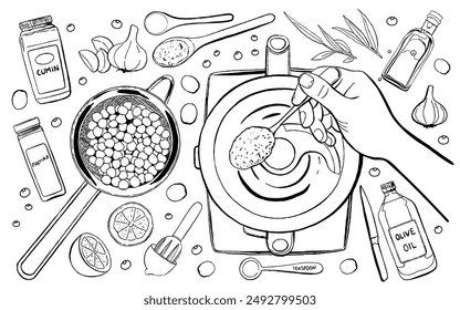 Hummus Cooking Elements Set. Outline Hand Draw Vector Illustration