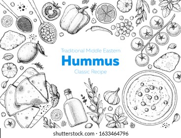 Hummus cooking and ingredients for hummus, sketch illustration. Middle eastern cuisine frame. Healthy food, design elements. Hand drawn, package design. Middle eastern food.