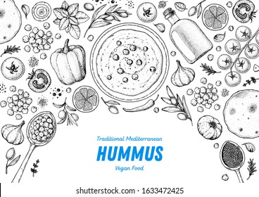 Hummus cooking and ingredients for hummus, sketch illustration. Middle eastern cuisine frame. Healthy food, design elements. Hand drawn, package design. Mediterranean  food.