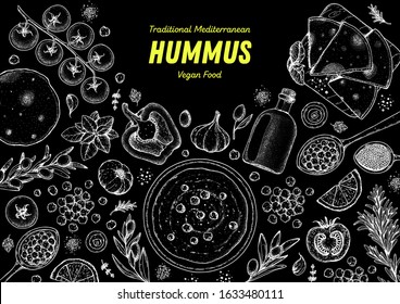Hummus cooking and ingredients for hummus, sketch illustration. Middle eastern cuisine frame. Healthy food, design elements. Hand drawn, package design. Mediterranean  food.