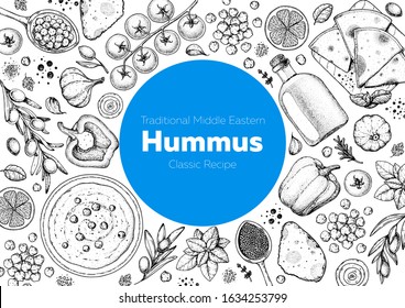 Hummus cooking and ingredients for hummus, sketch illustration. Middle eastern cuisine frame. Healthy food, design elements. Hand drawn, package design. Mediterranean food. Vegan menu