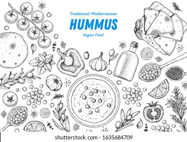 Hummus cooking and ingredients for hummus, sketch illustration. Middle eastern cuisine frame. Healthy food, design elements. Hand drawn, package design. Mediterranean food.