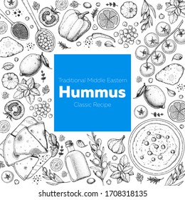 Hummus cooking and ingredients for hummus, sketch illustration. Middle eastern cuisine frame. Healthy food, design elements. Hand drawn, package design. Mediterranean food.м