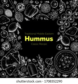 Hummus cooking and ingredients for hummus, sketch illustration. Middle eastern cuisine frame. Healthy food, design elements. Hand drawn, package design. Mediterranean food.