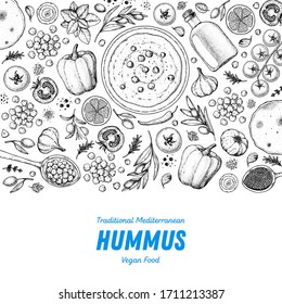 Hummus cooking and ingredients for hummus, sketch illustration. Middle eastern cuisine frame. Healthy food, design elements. Hand drawn, package design. Mediterranean food.