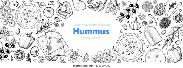 Hummus cooking and ingredients for hummus, sketch illustration. Middle eastern cuisine frame. Healthy food, design elements. Hand drawn, package design. Mediterranean food