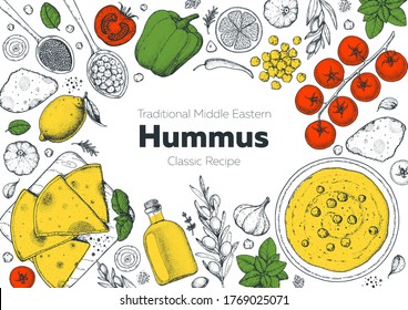 Hummus cooking and ingredients for hummus, sketch illustration. Middle eastern cuisine frame. Healthy food, design elements. Hand drawn, package design. Mediterranean food. Vegan menu