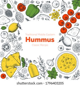 Hummus cooking and ingredients for hummus, sketch illustration. Middle eastern cuisine frame. Healthy food, design elements. Hand drawn, package design. Mediterranean food.