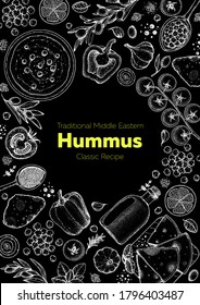 Hummus cooking and ingredients for hummus, sketch illustration. Middle eastern cuisine frame. Healthy food, design elements. Hand drawn, package design. Mediterranean food. Vegan menu