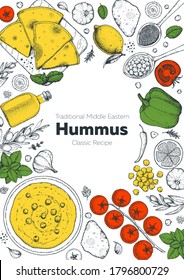 Hummus cooking and ingredients for hummus, sketch illustration. Middle eastern cuisine frame. Healthy food, design elements. Hand drawn, package design. Mediterranean food.
