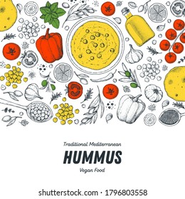 Hummus cooking and ingredients for hummus, sketch illustration. Middle eastern cuisine frame. Healthy food, design elements. Hand drawn, package design. Mediterranean food.