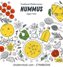 Hummus cooking and ingredients for hummus, sketch illustration. Middle eastern cuisine frame. Healthy food, design elements. Hand drawn, package design. Mediterranean food.