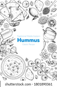 Hummus cooking and ingredients for hummus, sketch illustration. Middle eastern cuisine frame. Healthy food, design elements. Hand drawn, package design. Mediterranean food.