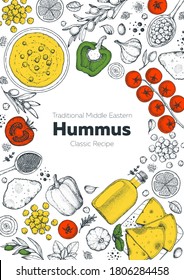 Hummus cooking and ingredients for hummus, sketch illustration. Middle eastern cuisine frame. Healthy food, design elements. Hand drawn, package design. Mediterranean food. Vegan menu