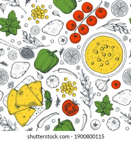 Hummus cooking and ingredients for hummus, sketch illustration. Seamless pattern Middle eastern cuisine frame. Healthy food, design elements. Hand drawn, package design. Mediterranean food. Vegan menu