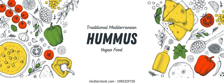 Hummus cooking and ingredients for hummus, sketch illustration. Middle eastern cuisine frame. Healthy food, design elements. Hand drawn, package design. Mediterranean food