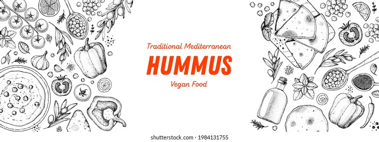 Hummus cooking and ingredients for hummus, sketch illustration. Middle eastern cuisine frame. Healthy food, design elements. Hand drawn, package design. Mediterranean food