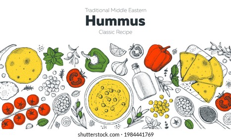 Hummus cooking and ingredients for hummus, sketch illustration. Middle eastern cuisine frame. Healthy food, design elements. Hand drawn, package design. Mediterranean food