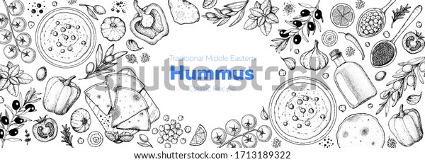 Hummus cooking and\
ingredients for hummus, sketch illustration. Middle eastern cuisine\
frame. Healthy food, design elements. Hand drawn, package design.\
Mediterranean food