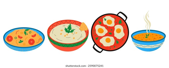 Hummus, couscous, shakshuka, lentil soup. Traditional Turkish food. Hand drawn vector illustration