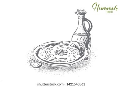 Hummus. delicious israeli meal, chickpea dish with tahini, olive oil, lemon juice, garlic and paprika. Jewish snack, traditional nutritious meal concept sketch. Hand drawn vector illustration