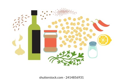 Hummus fresh raw ingredients set. Flat vector illustration isolated on white background.