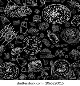 Hummus hand drawn vector seamless pattern. Healthy food. Mediterranean food. Vegetarian menu food drawing. Package design.