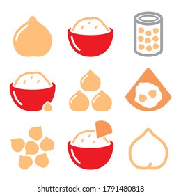 	
Hummus or houmous , chickpeas vector icons set - food, healthy eating concept.  
Lebanese food icons set - hummus dip or spread isolated on white.  
