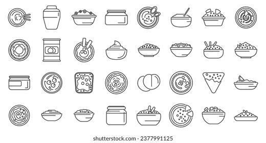 Hummus icons set outline vector. Food pita. Sauce creamy bowl