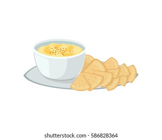 Hummus jewish food appetizer mashed chickpeas with tahin traditional meal cuisine parsley matzah and vegetarian delicious lunch soup vector illustration.