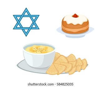 Hummus jewish food pie appetizer mashed chickpeas with tahin traditional meal cuisine parsley matzah and vegetarian delicious lunch soup vector illustration.