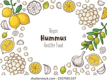 Hummus packaging design template. Cooking and ingredients for hummus. Colorful illustration. Middle eastern cuisine frame. Healthy food recipe, design elements. Hand drawn, package design.