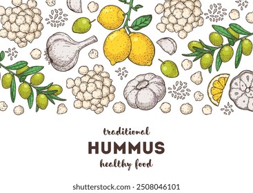 Hummus packaging design template. Cooking and ingredients for hummus. Colorful illustration. Middle eastern cuisine frame. Healthy food recipe, design elements. Hand drawn, package design.