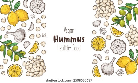 Hummus packaging design template. Cooking and ingredients for hummus. Colorful illustration. Middle eastern cuisine frame. Healthy food recipe, design elements. Hand drawn, package design.