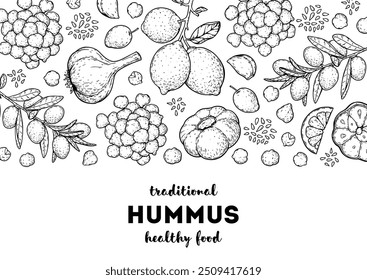 Hummus packaging design template. Cooking and ingredients for hummus. Sketch illustration. Middle eastern cuisine frame. Healthy food recipe, design elements. Hand drawn, package design.
