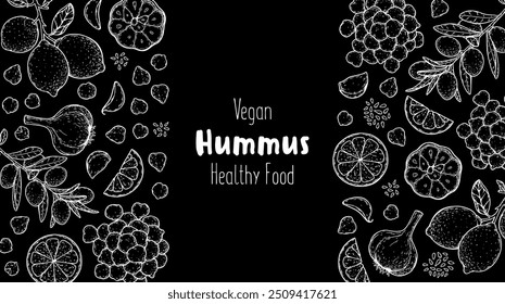 Hummus packaging design template. Cooking and ingredients for hummus. Sketch illustration. Middle eastern cuisine frame. Healthy food recipe, design elements. Hand drawn, package design.