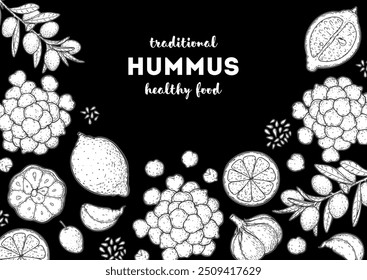 Plantilla de diseño de envases Hummus. Cocción e ingredientes para el hummus. Ilustración de boceto. Marco de la cocina del Medio Oriente. Receta de comida saludable, Elementos de diseño. Dibujado a mano, diseño del paquete.