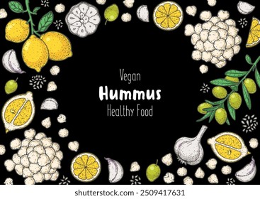 Vorlage für Hummus-Verpackungsdesign. Kochen und Zutaten für Hummus. Farbige Illustration. Rahmen der mittelöstlichen Küche. Gesunde Speisen Rezept, Design-Elemente. Handgezeichnet, Verpackungsdesign.