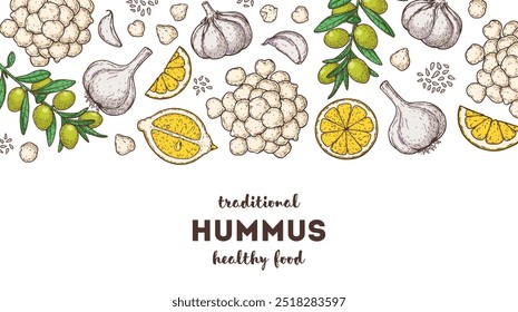 Hummus packaging design template. Cooking and ingredients for hummus. Colorful illustration. Middle eastern cuisine frame. Healthy food recipe, design elements. Hand drawn, package design.