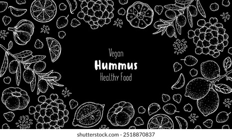 Hummus packaging design template. Cooking and ingredients for hummus. Sketch illustration. Middle eastern cuisine frame. Healthy food recipe, design elements. Hand drawn, package design.