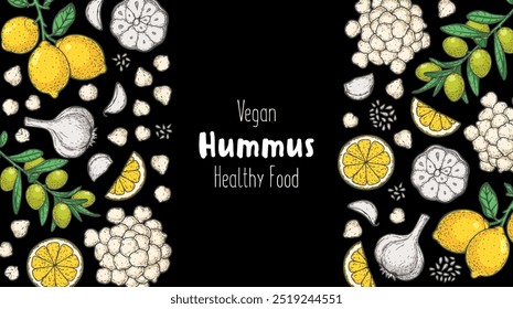 Hummus packaging design template. Cooking and ingredients for hummus. Colorful illustration. Middle eastern cuisine frame. Healthy food recipe, design elements. Hand drawn, package design.