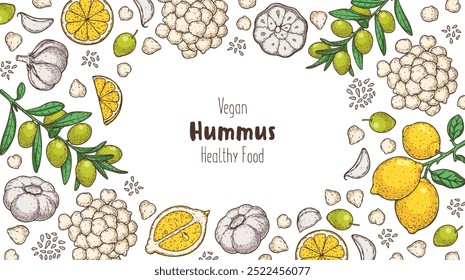 Hummus packaging design template. Cooking and ingredients for hummus. Colorful illustration. Middle eastern cuisine frame. Healthy food recipe, design elements. Hand drawn, package design.