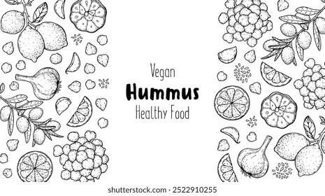 Hummus packaging design template. Cooking and ingredients for hummus. Sketch illustration. Middle eastern cuisine frame. Healthy food recipe, design elements. Hand drawn, package design.