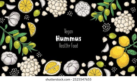 Hummus packaging design template. Cooking and ingredients for hummus. Colorful illustration. Middle eastern cuisine frame. Healthy food recipe, design elements. Hand drawn, package design.