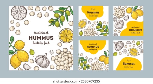 Hummus packaging design template. Cooking and ingredients for hummus. Colorful illustration. Middle eastern cuisine frame. Healthy food recipe, design elements. Hand drawn, package design.