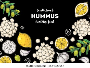 Hummus packaging design template. Cooking and ingredients for hummus. Colorful illustration. Middle eastern cuisine frame. Healthy food recipe, design elements. Hand drawn, package design.