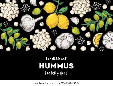 Hummus packaging design template. Cooking and ingredients for hummus. Colorful illustration. Middle eastern cuisine frame. Healthy food recipe, design elements. Hand drawn, package design.