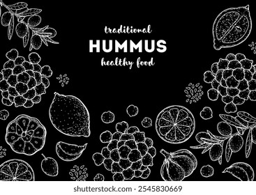 Hummus packaging design template. Cooking and ingredients for hummus. Sketch illustration. Middle eastern cuisine frame. Healthy food recipe, design elements. Hand drawn, package design.