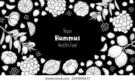 Hummus packaging design template. Cooking and ingredients for hummus. Sketch illustration. Middle eastern cuisine frame. Healthy food recipe, design elements. Hand drawn, package design.