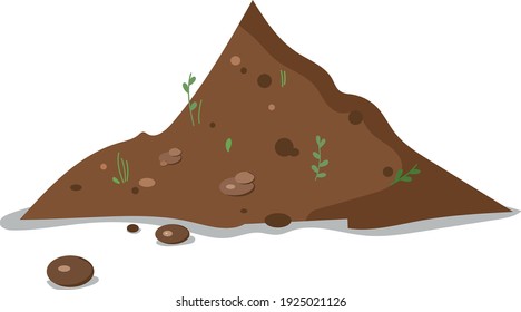 Hummus peat soil with growing plant flowers sprouts, sprigs, stones. Fertilized meadow field for potting, gardening. Agricultural harvest doodle.